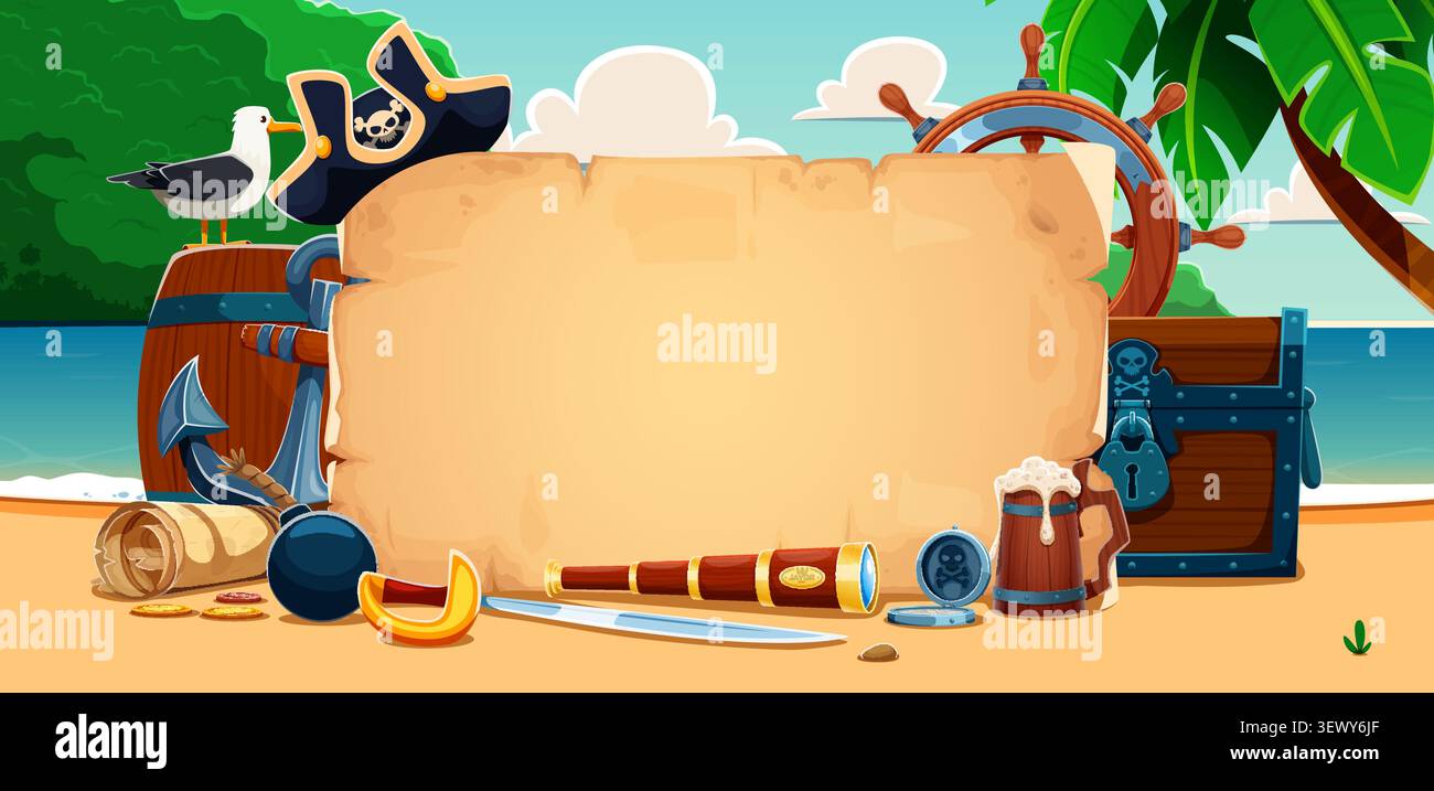 Bannière pirate avec vieux rouleau, arme, coffre au trésor et volant sur l'île tropicale des Caraïbes. Cadre de parchemin vierge altéré sur la plage entouré de cutlass, spyglass, barre, pièces de monnaie et mouette Illustration de Vecteur