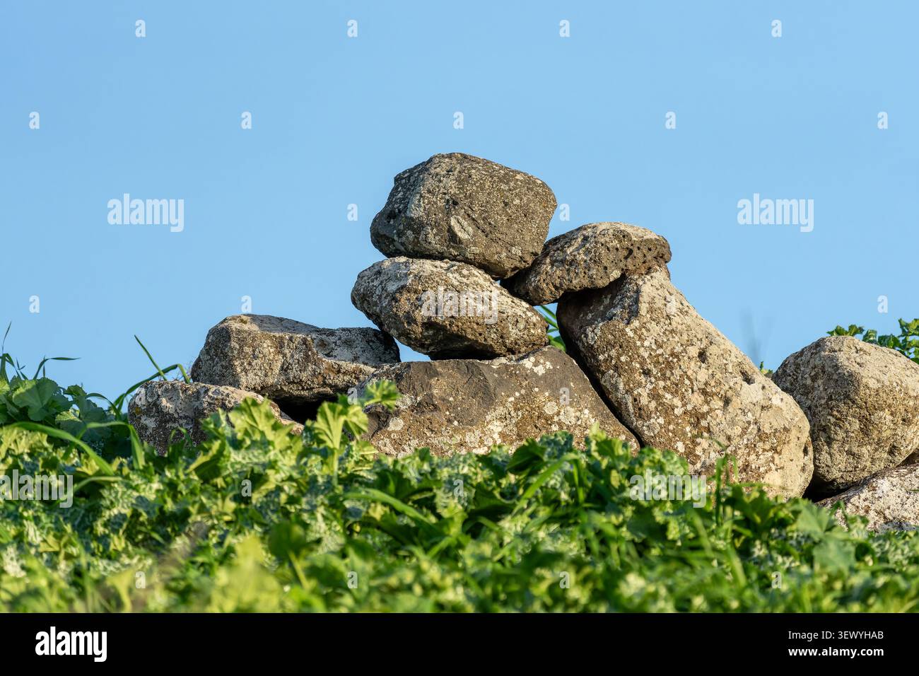 Roches de basalte formant un mur de pierres sèches altérées, niché au milieu d'une végétation verte vibrante, debout contre un ciel bleu clair, illustrant le rel naturel Banque D'Images