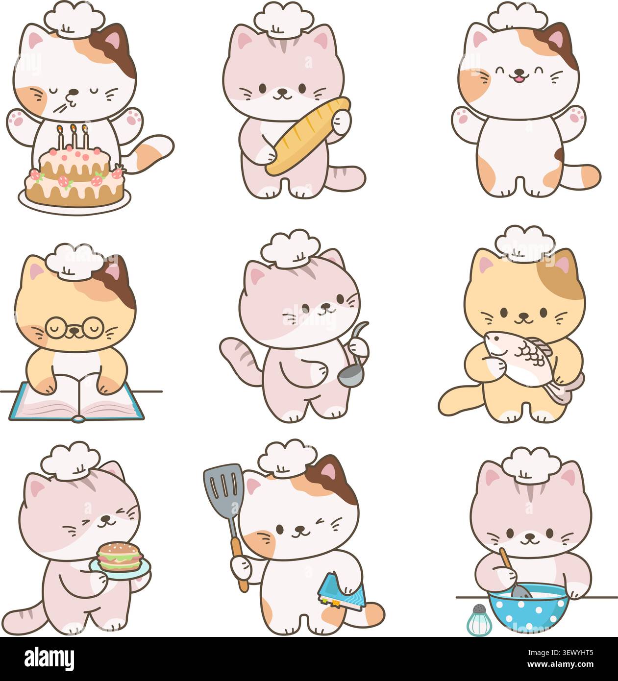 Cuisine de chat Kawaii. Les chats drôles cuisinent, lisent des livres culinaires, cuisinent et mangent des gâteaux. Adorables chefs de cuisine chaton. Autocollants animaux isolés, de nos jours Illustration de Vecteur