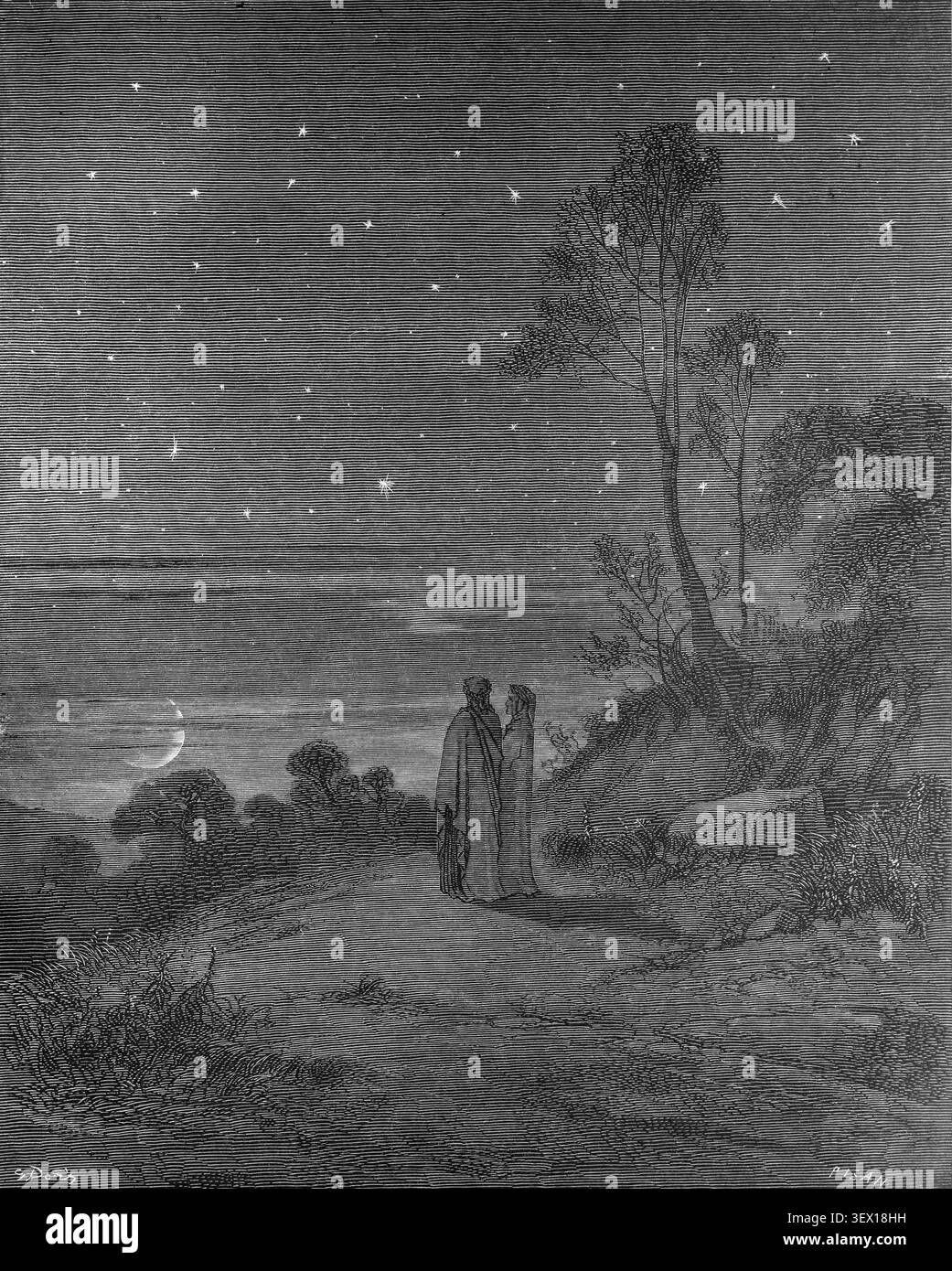 Vigil et Dante dans la soirée, Inferno, gravure de Gustave Dore à Divine Comédie Banque D'Images