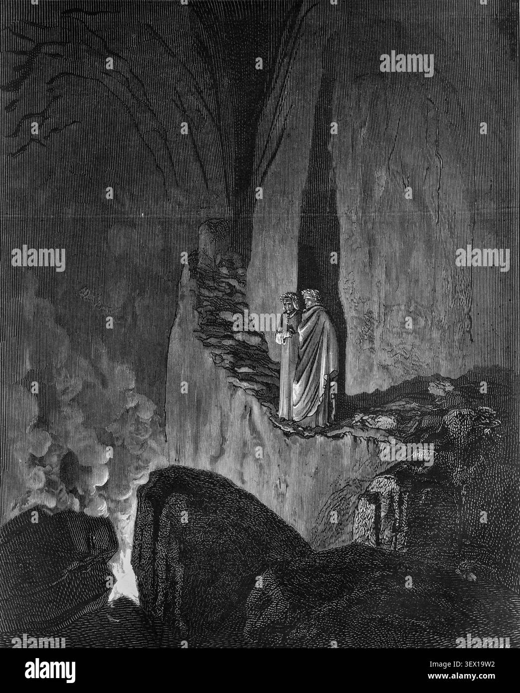 Dante et Virgile observent les faux conseillers, Inferno, gravure de Gustave Dore à Divine Comédie Banque D'Images