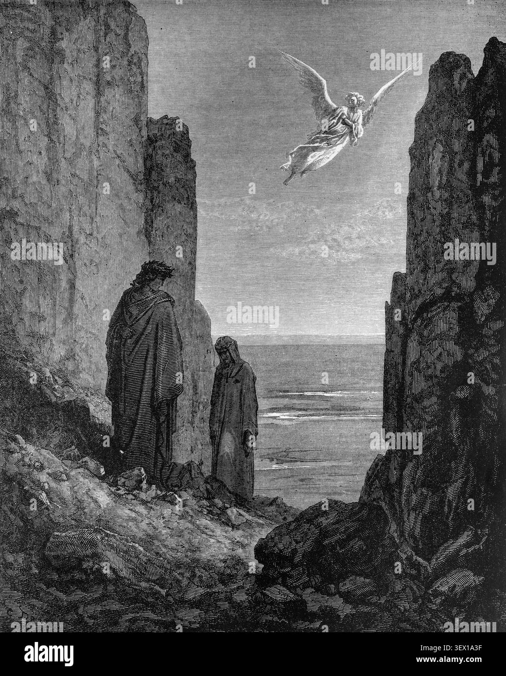 Angel montre le chemin de Virgile et Dante, Purgatorio, gravure de Gustave Dore à Divine Comédie Banque D'Images