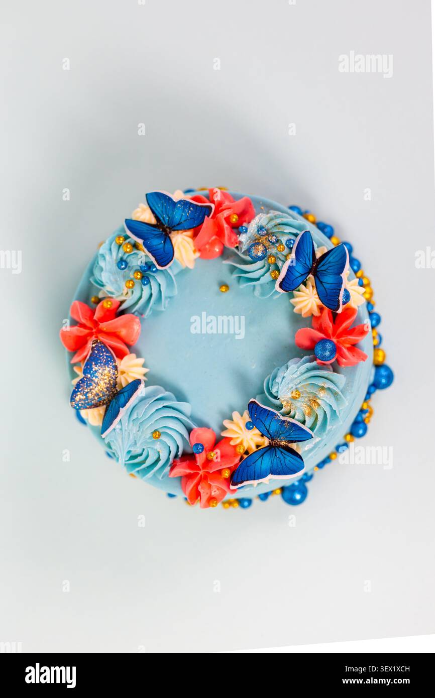 Vue de dessus de gâteau bleu décoré avec des papillons et crème sur fond clair. Banque D'Images