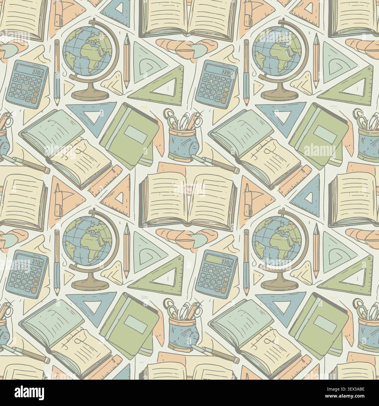 Motif sans couture dessiné à la main avec divers articles scolaires et éducatifs comme des globes, des livres, des calculatrices et des règles dans une palette de couleurs pastel chaudes Illustration de Vecteur