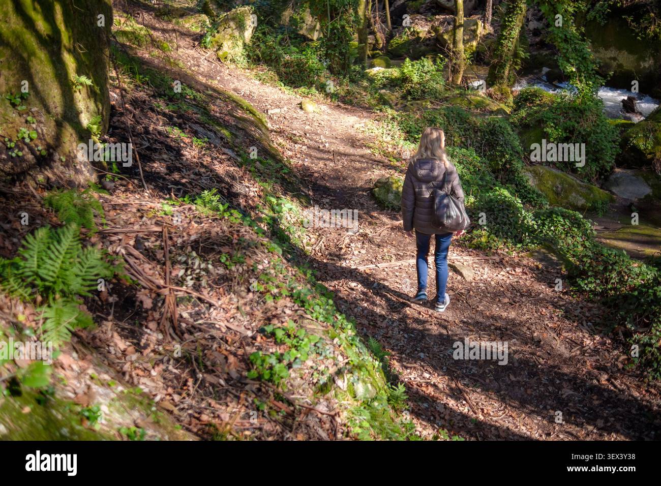 Femme marchant le long d'un chemin forestier à côté d'une rivière par une journée ensoleillée Banque D'Images
