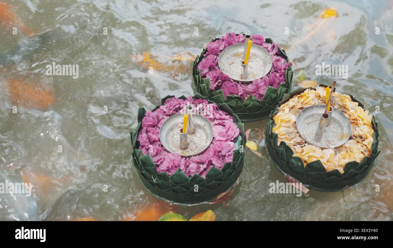 Top Down Shot Three Blooming Floral Krathong flottant sur fond de natation Koi Fish de l'eau de l'étang Banque D'Images