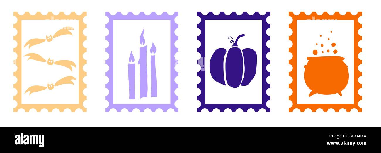 Mignons timbres-poste d'Halloween et badges avec des éléments créatifs effrayants, des icônes de fantômes, citrouilles, crânes. Illustration de Vecteur
