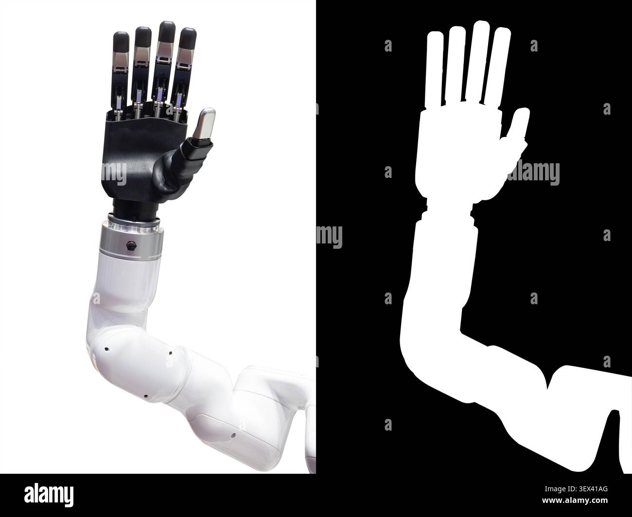 Main de robot, paume de bras robotique avec doigt agitant bonjour geste, innovation technologique humanoïde moderne. Objet Cyborg isolé avec chemin de détourage et Banque D'Images