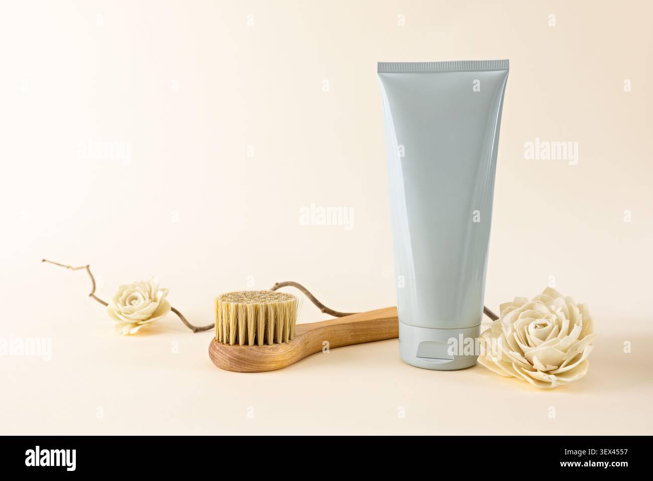 Concept naturel de soins de la peau avec brosse et tube de crème sur fond beige doux Banque D'Images