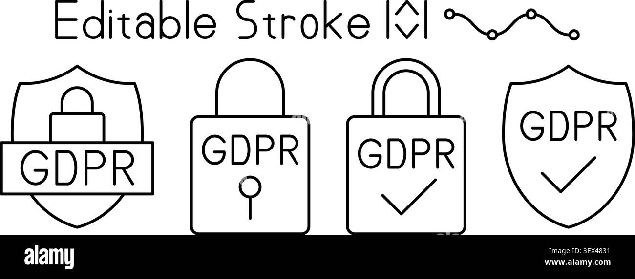Icônes de contour modifiables GDPR. Jeu d'icônes de contour GDPR. Icônes vectorielles de protection des données. Icônes de sécurité de la confidentialité. Vecteur éditable de cybersécurité. Jeu minimal d'icônes de contour modifiable GDPR pour la protection des données Illustration de Vecteur