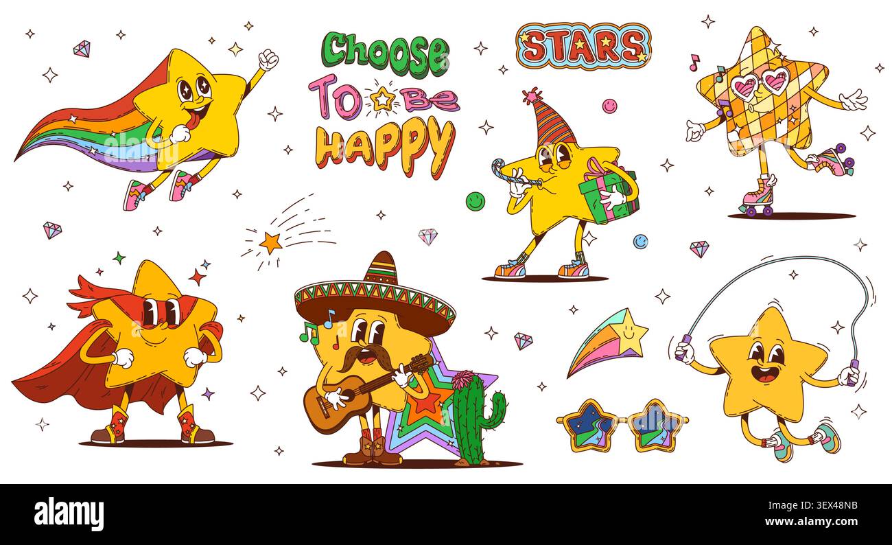 Personnages d'étoiles funky groovy de dessin animé. Vecteur super héros mignon et mascottes mexicaines mariachi star avec sombrero et guitare. Rétro groovy scintille corde à sauter, patins à roulettes, volant avec arc-en-ciel Illustration de Vecteur