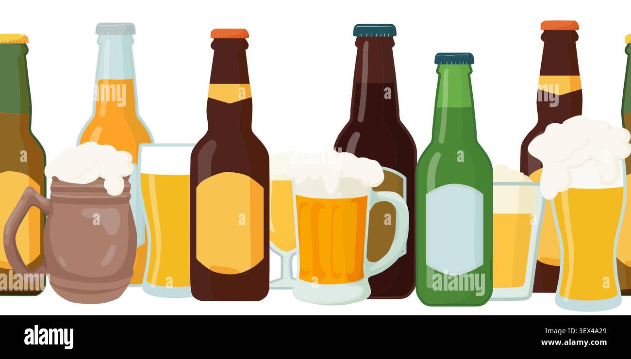 Bière en bouteilles, verres et tasses en argile. Illustration vectorielle. Bordure de boisson en mousse sans couture, isolée sur un fond blanc. Thème des pubs, bars, oktoberf Illustration de Vecteur