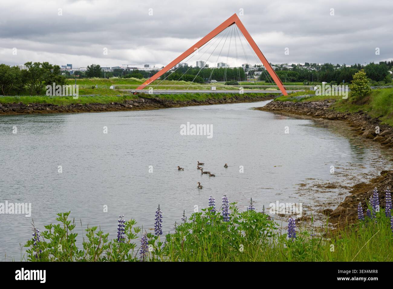Un pont piéton et cyclable en forme de pyramide rouge traversant l'estuaire de l'Elliðaár à Geirsnef à Reykjavik, en Islande. Banque D'Images