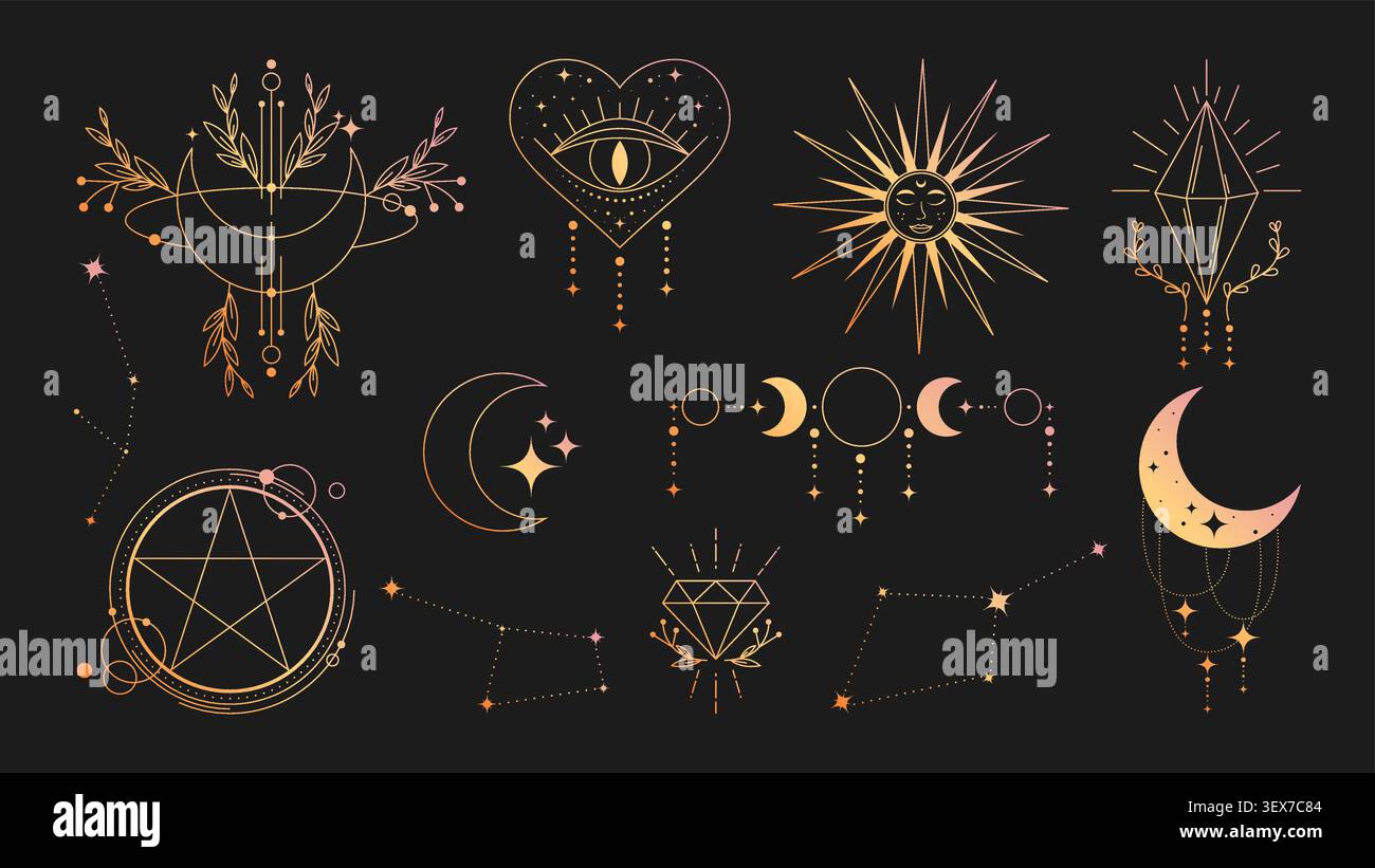 Sorcellerie mystique griffonner des symboles avec des phases de lune, des cristaux et un cœur ésotérique avec des yeux. Icônes magiques dessinées à la main, étoiles célestes et éléments de tarot spirituel dans le style boho vintage, motif floral Illustration de Vecteur