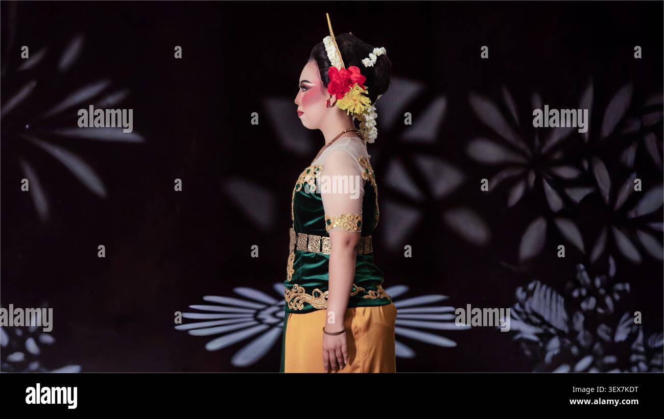 Portrait de profil latéral gracieux d'une femme portant une tenue de mariée javanaise authentique, des accessoires de cheveux ornés et un maquillage dramatique dans un éclairage artistique. Banque D'Images