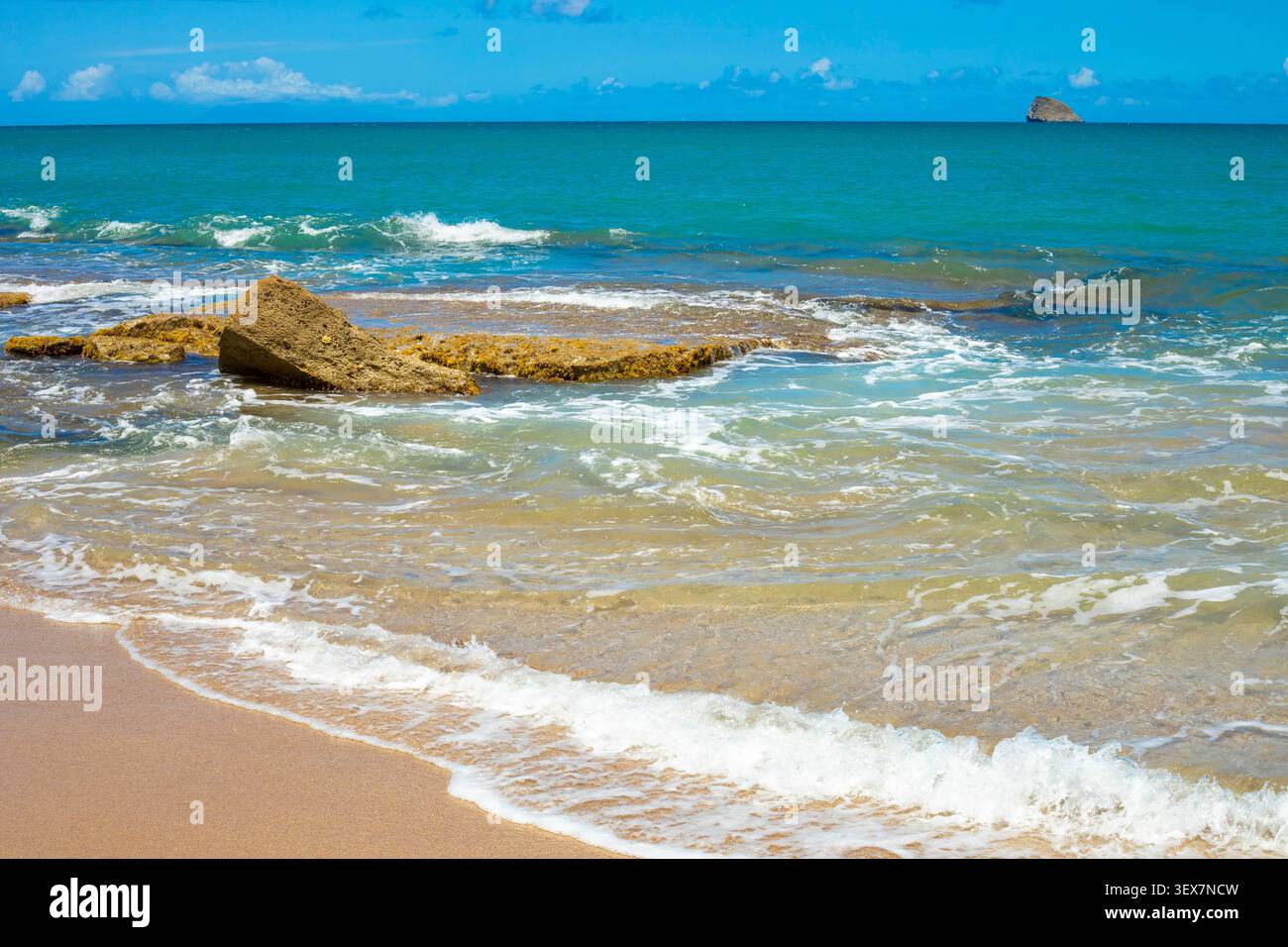 France, Guadeloupe, basse-Terre, Sainte-Rose, plage de Clugny Nord avec Tête à îlot de l'Anglais en arrière-plan Banque D'Images
