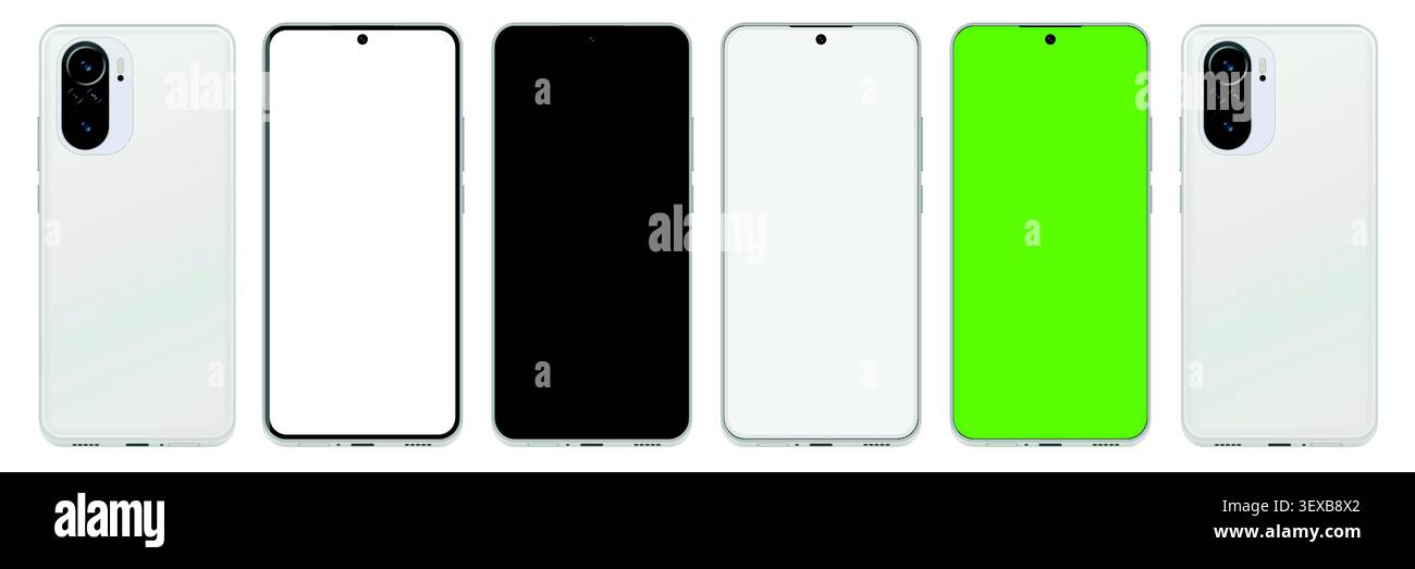 Ensemble de maquettes de smartphone avec vues avant et arrière, écran blanc, affichage noir et vecteur de modèles d'appareils mobiles à clé chromatique verte Illustration de Vecteur