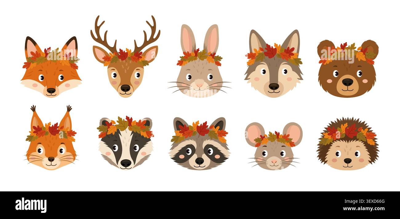 Mignons visages d'animaux de forêt avec des couronnes de feuilles d'automne vecteur de dessin animé mis à plat Illustration de Vecteur