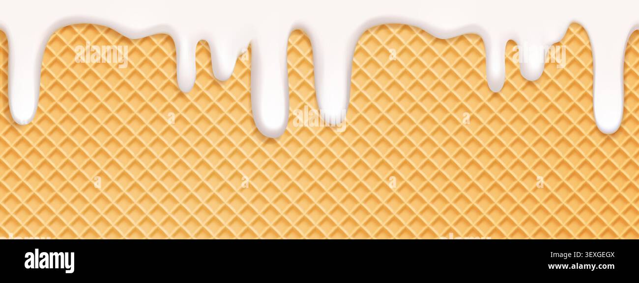 Texture de cône gaufré avec glace dans une gaufre. Fond à motifs avec gouttes de gelée glacée fondue. Treillis de gaufre biscuitée, poster vectoriel, glaçage au lait sur gâteau Illustration de Vecteur