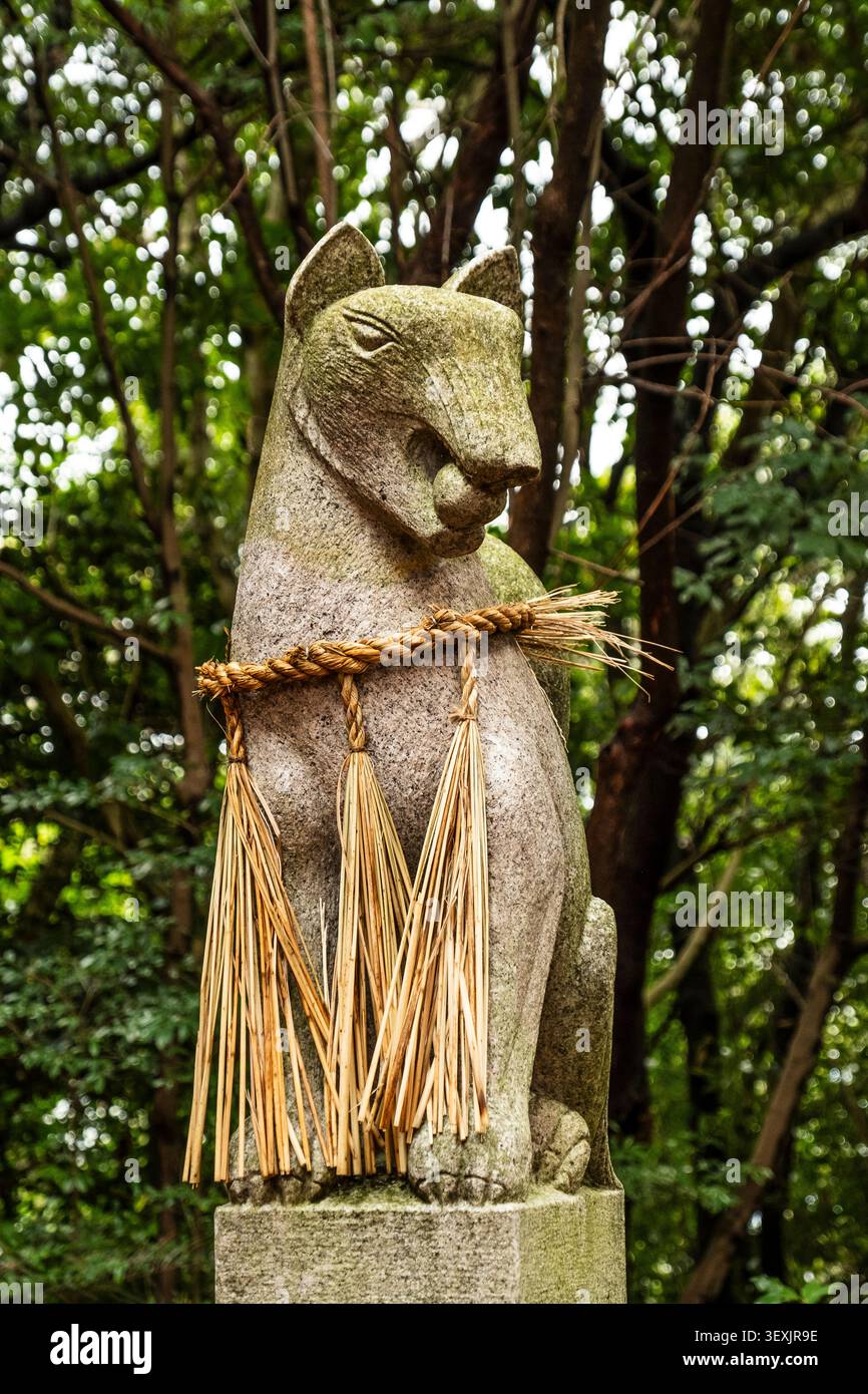 Statue de renard avec corde sacrée au sanctuaire Fushimi Inari, symbole de la divinité Inari, Kyoto, Japon. Banque D'Images