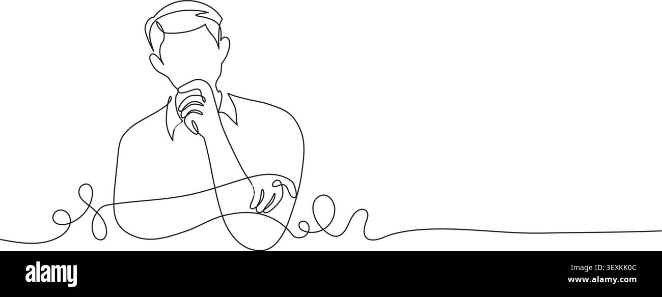 Dessin en ligne continue de l'homme réfléchi dans la pose réfléchissante et contemplation avec le doigt sur le menton. Illustration d'une seule ligne minimale représentant le mépris Illustration de Vecteur