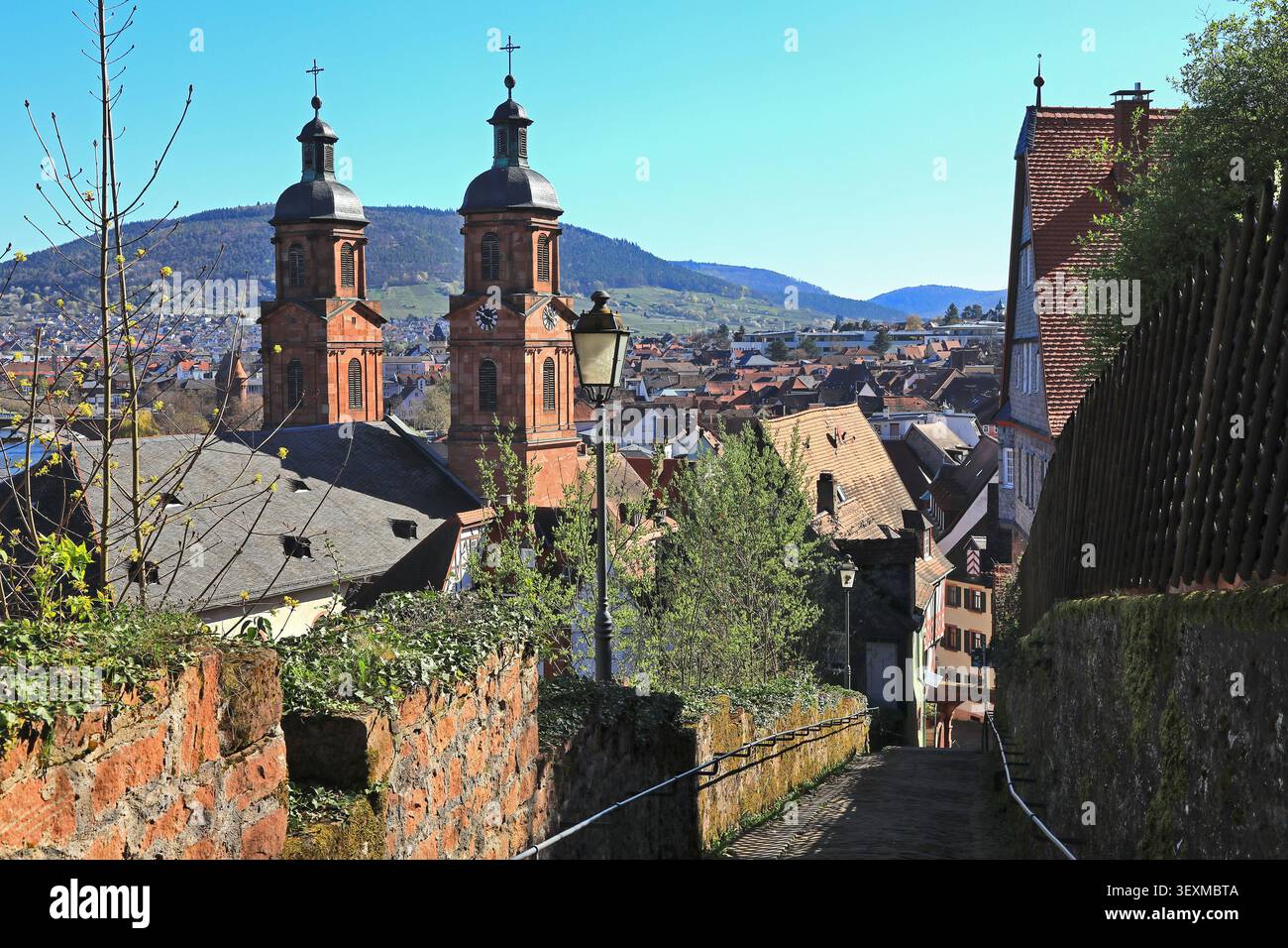 Panorama de la ville avec l'église paroissiale de membres James, église paroissiale catholique romaine, Miltenberg, basse-Franconie, Bavière, Allemagne Banque D'Images