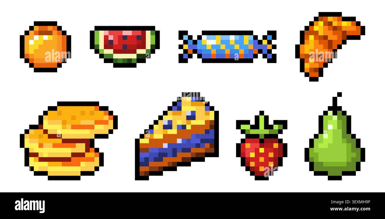 Icônes de fruits et de bonbons d'art de pixel de fraise, poire, orange et pastèque, nourriture vectorielle, pictogrammes de dessert sur fond blanc. Gâteau, bonbons, croissant et crêpes dans un style de jeu rétro 8 bits vibrant Illustration de Vecteur