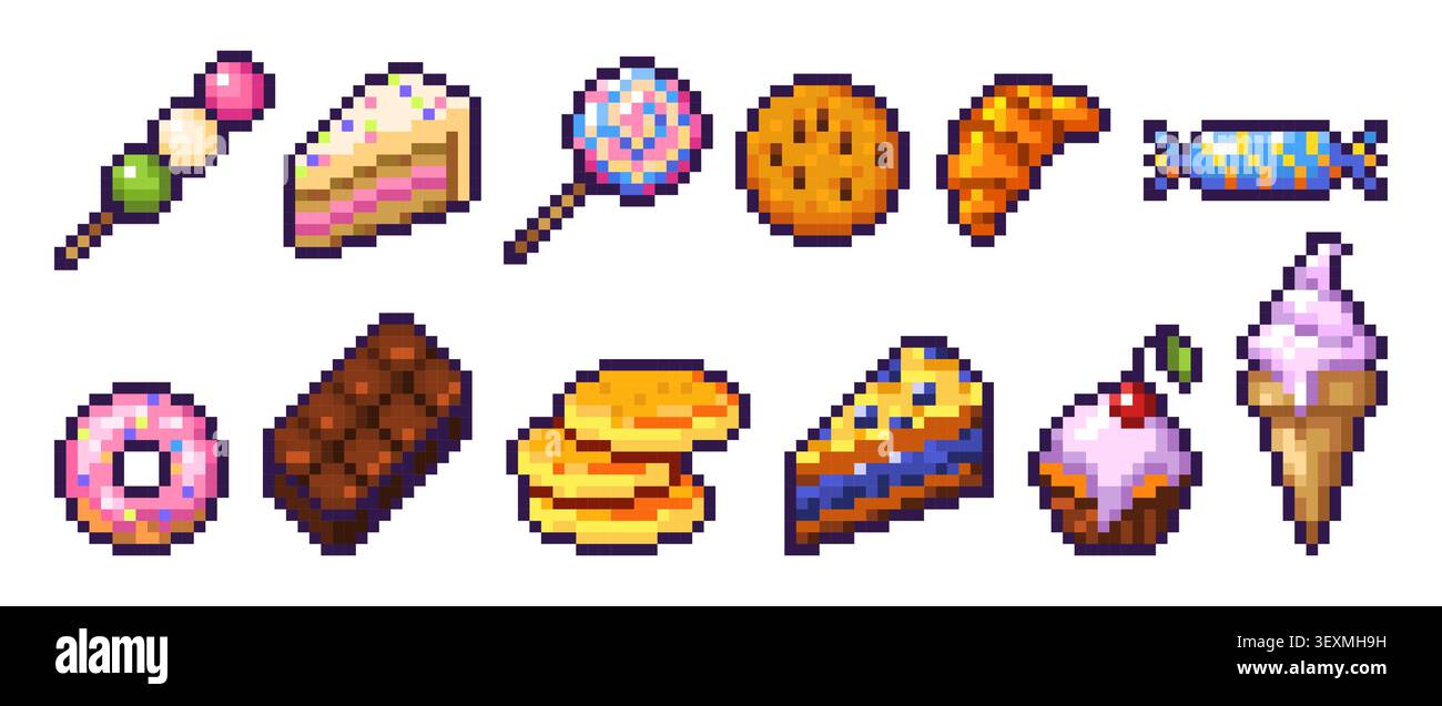 Icônes de bonbons d'art de pixel de beignet, chocolat, capcake, croissant et cookie, nourriture vectorielle, pictogrammes de dessert sur fond blanc. Gâteau, cône de crème glacée et crêpes dans un style de jeu rétro 8 bits vibrant Illustration de Vecteur