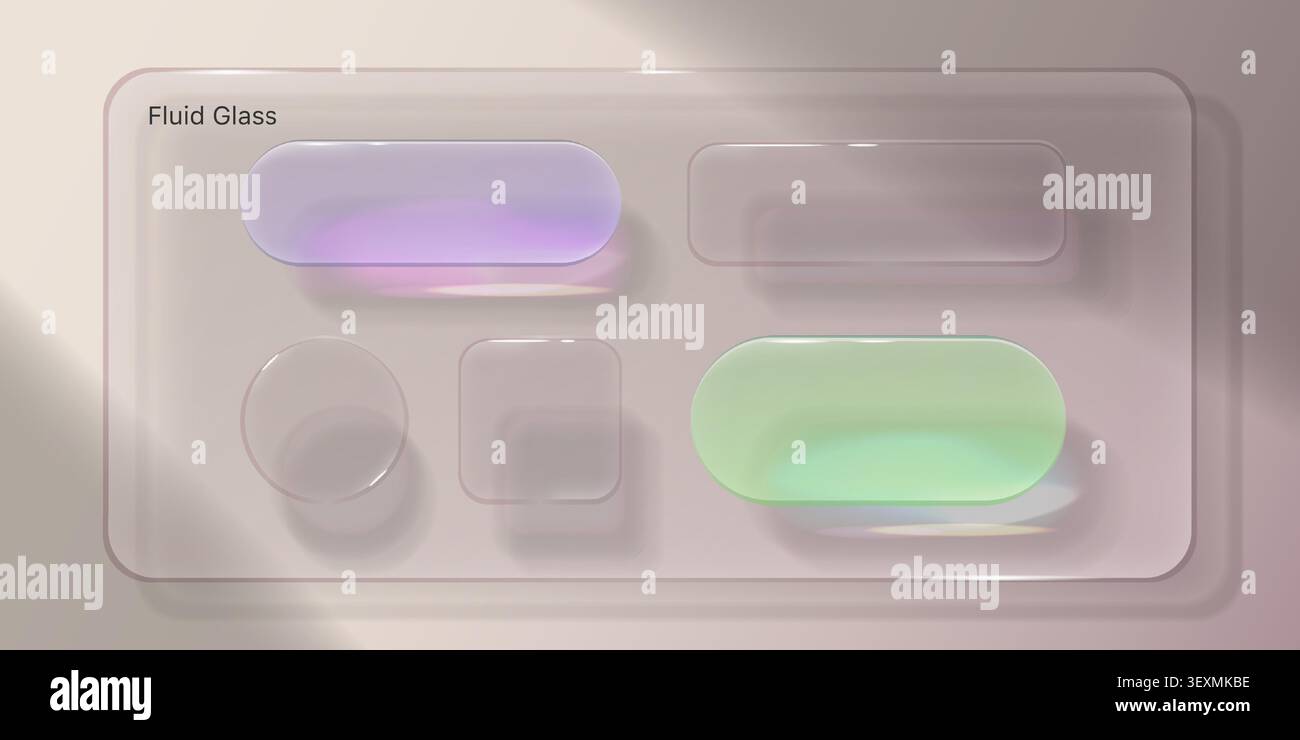 Boutons d'interface utilisateur en verre liquide transparent avec texture fluide, effet de flou, éléments de conception vectorielle 3D modernes sur fond. Icônes de cadre de glassmorphisme, barre de recherche pour l'interface futuriste de l'application et la conception Web Illustration de Vecteur