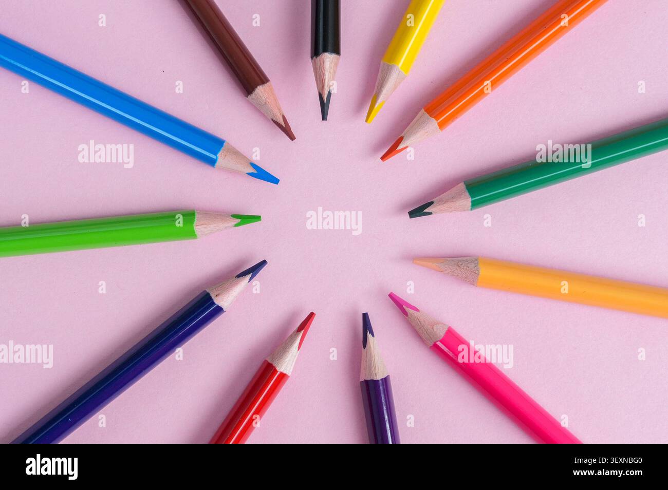 Crayons de couleur disposés en cercle sur un fond rose. Banque D'Images
