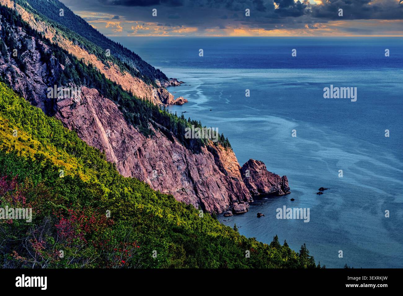 Falaises côtières abruptes surplombant le golfe du Saint-Laurent le long de la piste Cabot dans le parc national des Hautes-terres-du-Cap-Breton, Nouvelle-Écosse, Canada. Banque D'Images