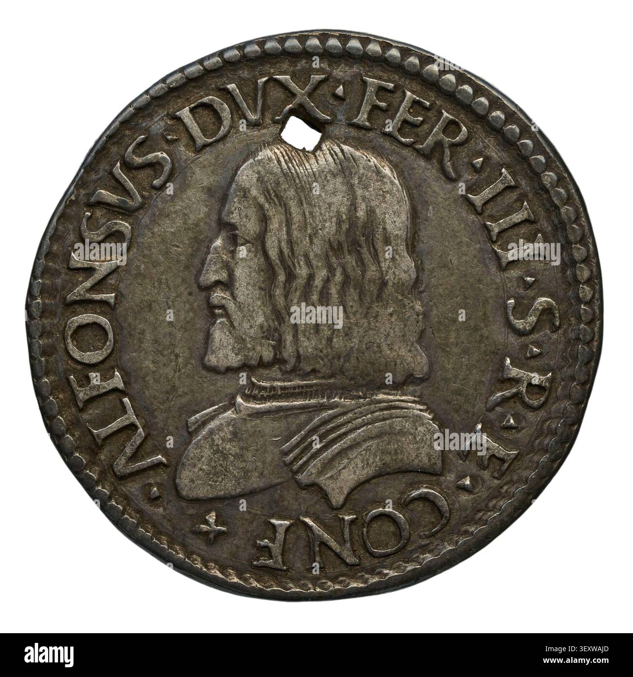 Une pièce de 1/4 écu du duché de Ferrare, Italie, émise sous le règne d'Alphonse Ier d'Este (1505-1541), duc de Ferrare de 1505 à 1534. Banque D'Images