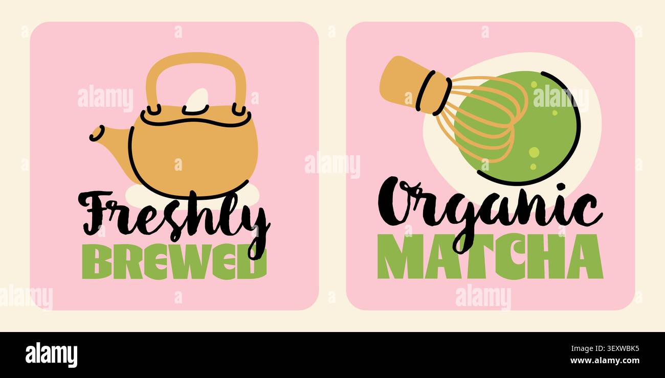 Étiquettes de thé vert matcha biologique dessinées à la main pour un emballage de boisson sain Illustration de Vecteur