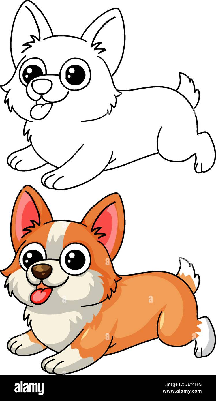Un chiot de corgi de dessin animé heureux présenté dans les versions d'art de ligne colorée et noire Illustration de Vecteur