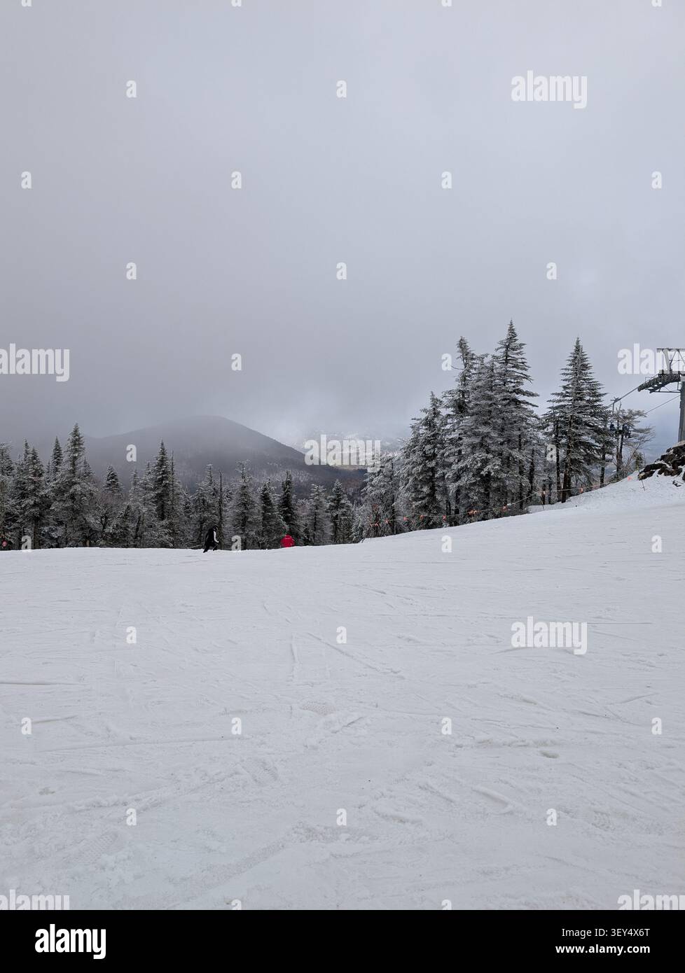 Les pentes montagneuses sont couvertes de neige – une route blanche, des sapins chargés de neige ; un bel hiver dans les montagnes. Canada, Ontario. - Image de stock capturée avec un smartphone