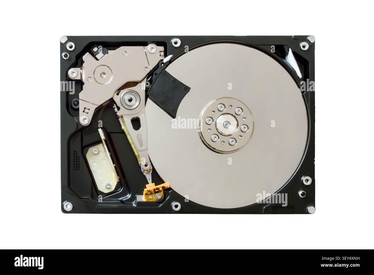 Ouvrez le disque dur de l'ordinateur sur un fond blanc. Vue de dessus isolée du disque dur. Banque D'Images