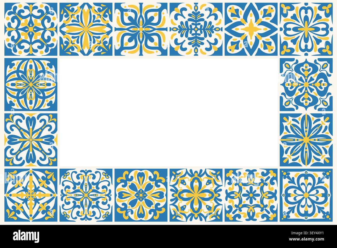 Carreaux de céramique méditerranéens avec des motifs bleus et des ornements floraux. Cadre rectangulaire en mosaïque azulejo portugais. Design traditionnel décoratif. Vecteur Illustration de Vecteur