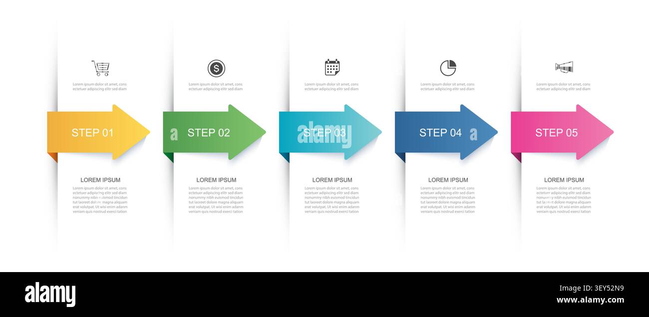 Modèle moderne de stratégie infographique d'entreprise avec cinq étapes de flèche mise en page de progression. Illustration de Vecteur