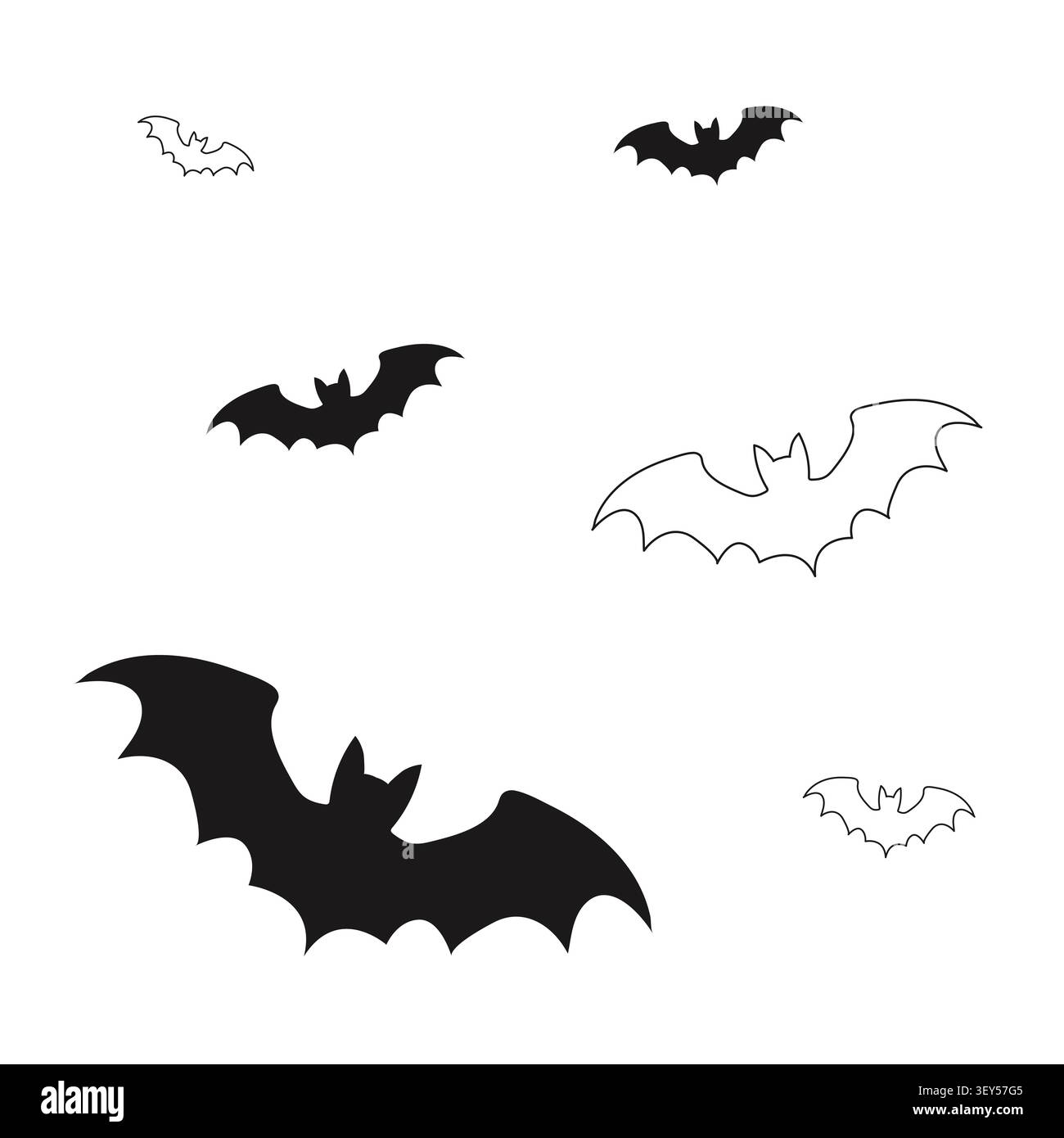 Ensemble de six silhouettes de chauve-souris, trois noires pleines et trois encadrées, volant dans différentes orientations sur fond blanc Illustration de Vecteur
