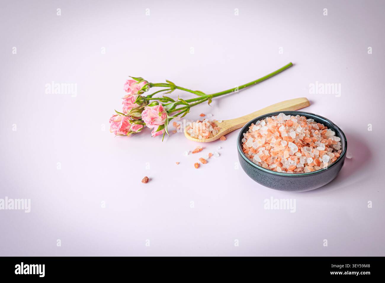 Sel de bain rose de l'Himalaya dans un bol en céramique avec cuillère en bois et bourgeons de rose frais sur fond pastel doux, spa élégant nature morte avec copie Banque D'Images