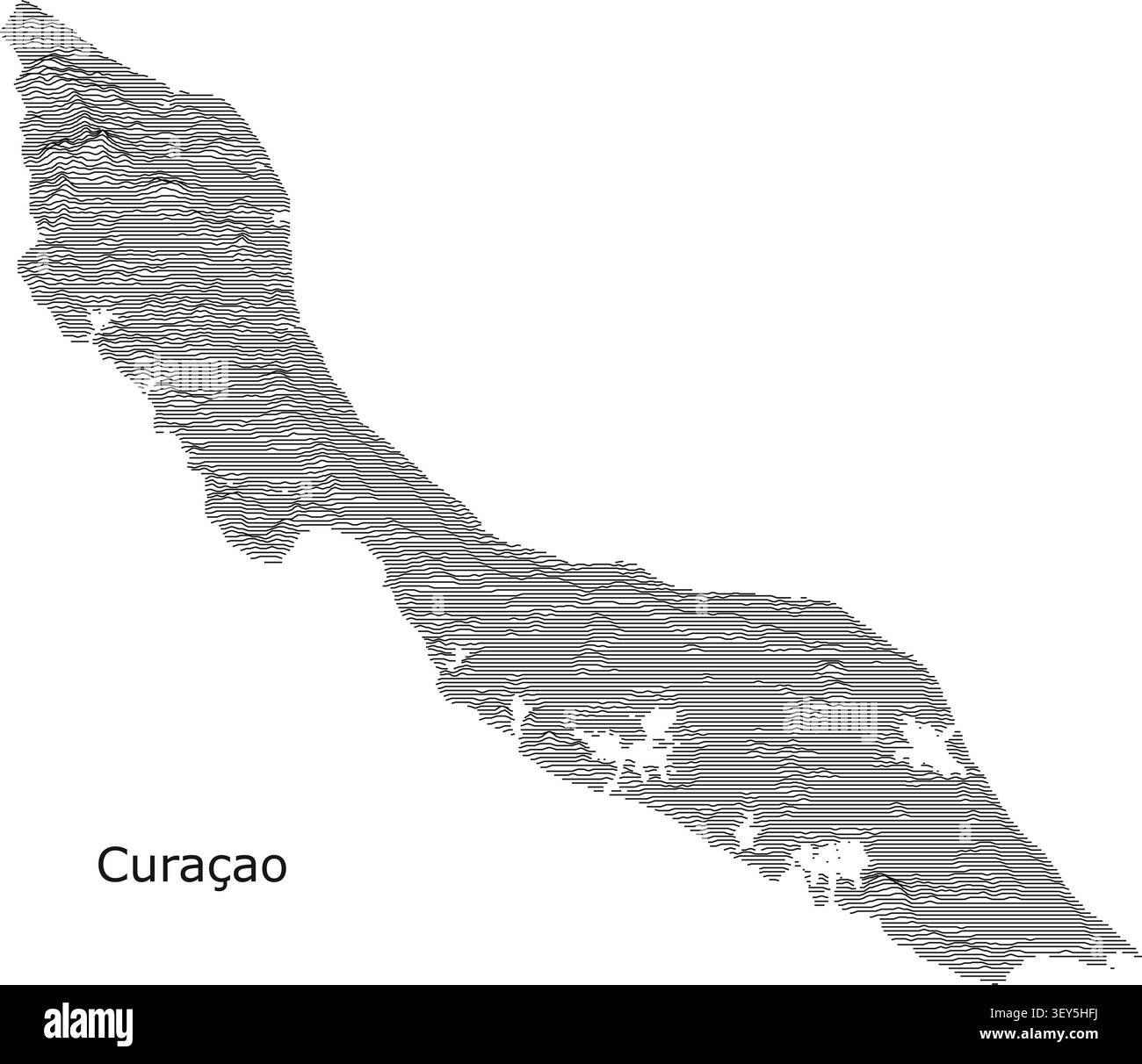 Carte typographique de Curaçao à contraste élevé et style Joy-plot, mettant en valeur le profil allongé de l'île et les contours d'altitude à l'aide de lignes de crête empilées. Illustration de Vecteur