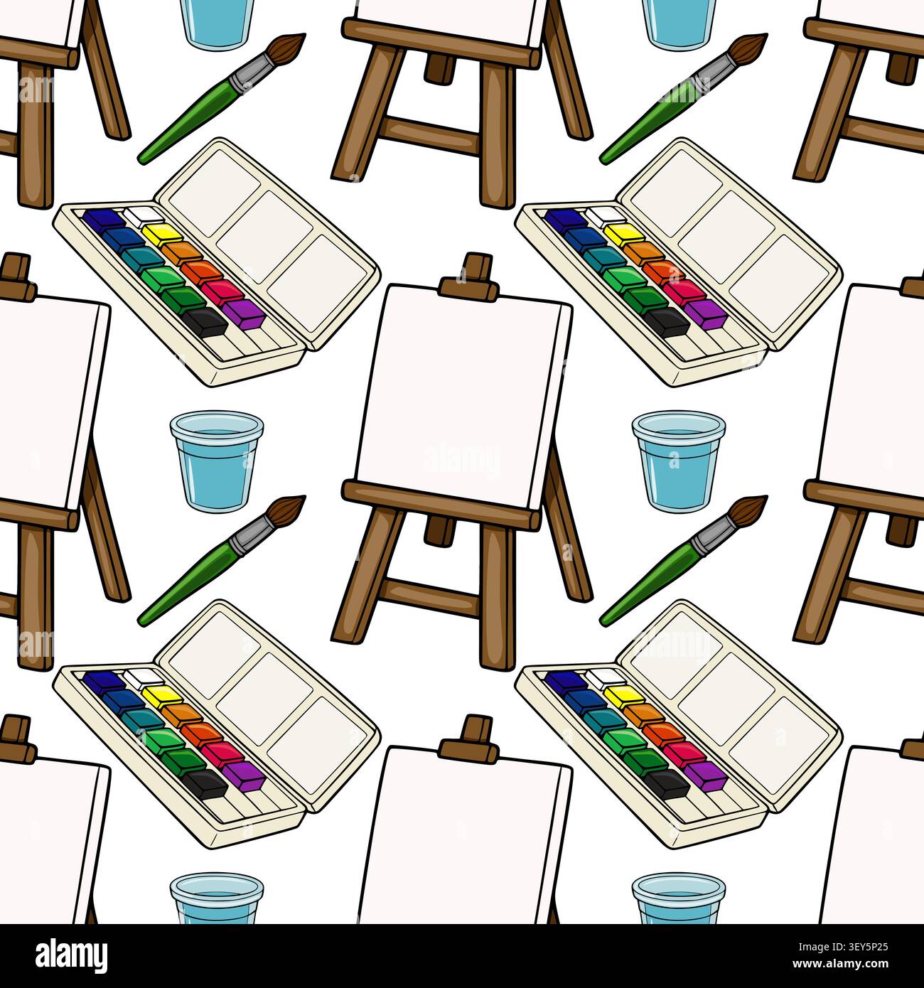 Modèle sans couture avec des fournitures d'art vectoriel, y compris des chevalets en bois, des ensembles de peinture à l'aquarelle et des pinceaux Illustration de Vecteur