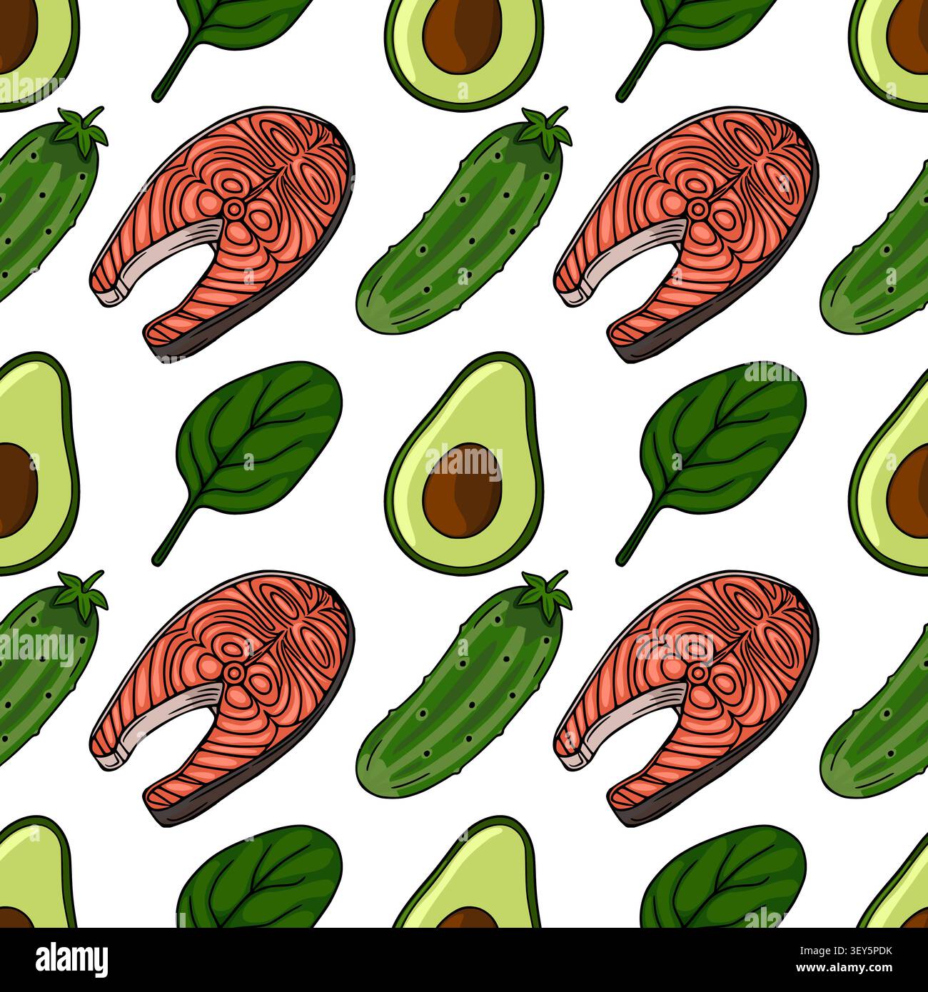 Modèle sans couture avec steak de saumon avocat épinards et concombre illustration vectorielle Illustration de Vecteur