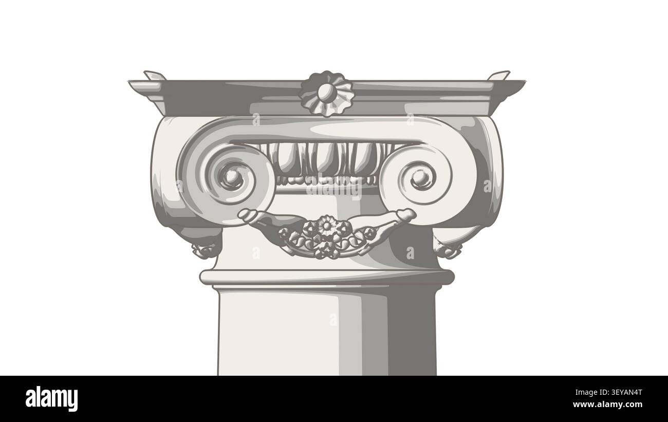 Chapiteau de colonne ionique classique dans un style d'illustration moderne en dessin animé. Couleurs pastel élégantes de pierre isolées sur blanc. Banque D'Images