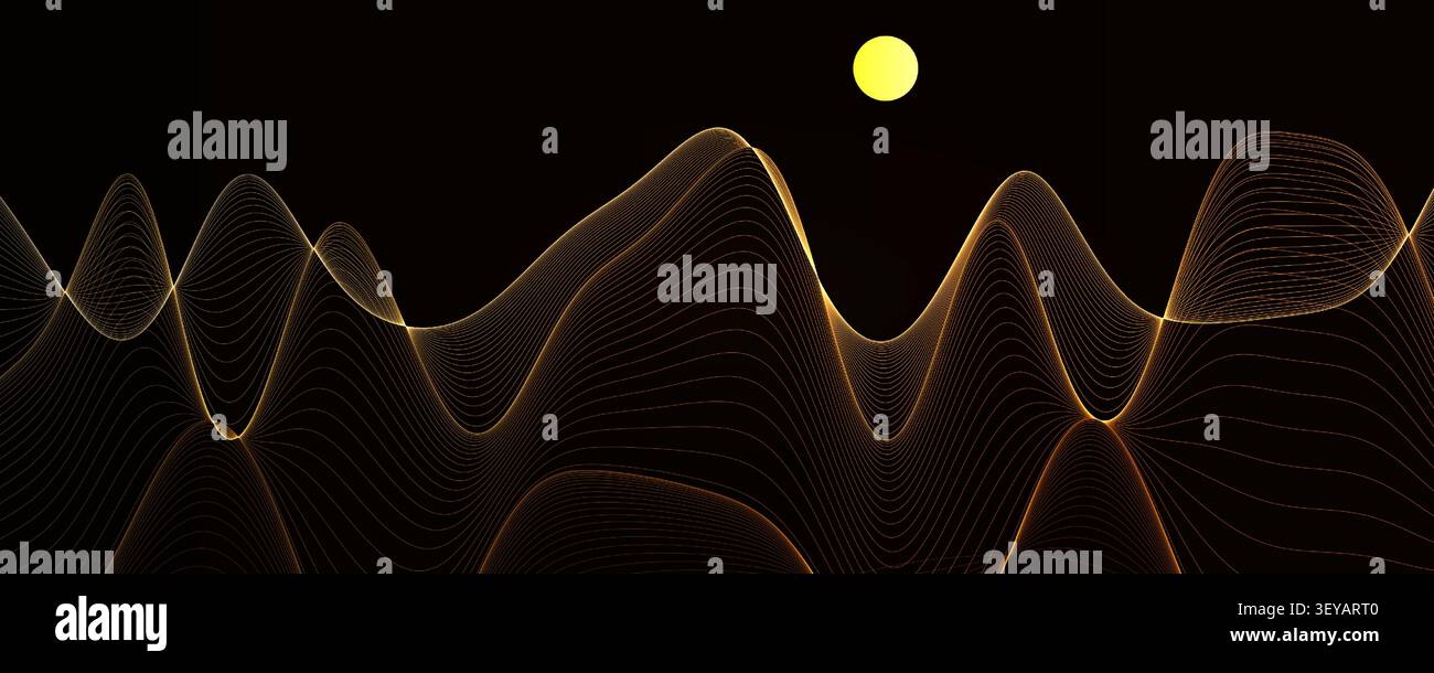 Motif à rayures dorées ondulées Dune du désert linéaire japonaise. Lignes de courbe fluide Art style topographique vague. Motif élégant doré pour Premium Illustration de Vecteur
