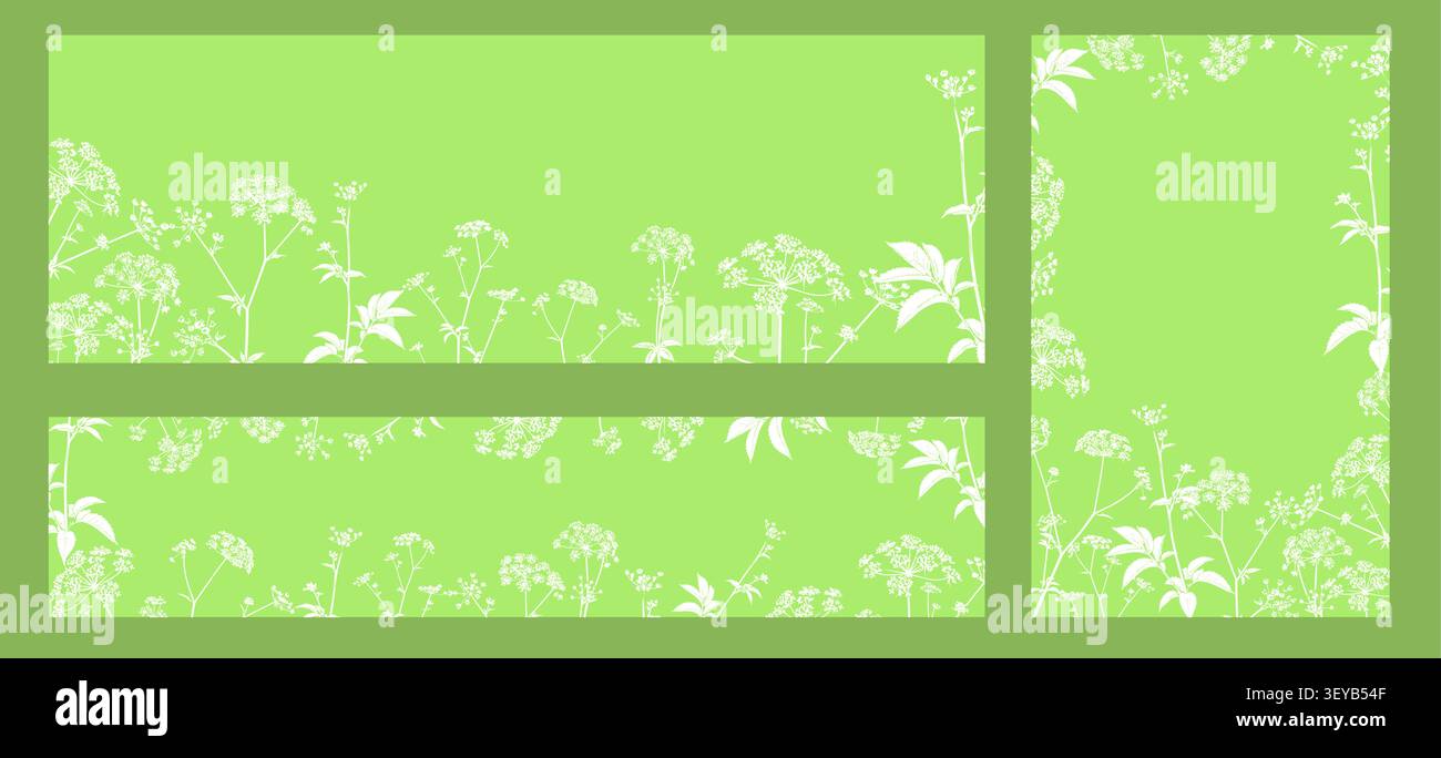 Définir des cadres de fond vert avec des fleurs. Dessiné à la main. Pas ai, illustration vectorielle. Illustration de Vecteur