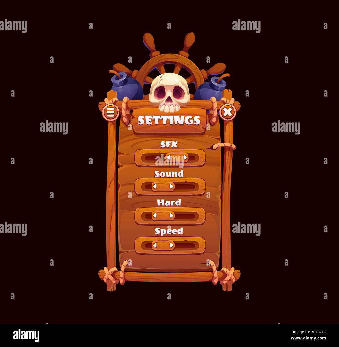 Panneau de menu de paramètres de jeu de pirate en bois de dessin animé vibrant avec crâne, roue de navire et canons bleus. Quatre curseurs de basculement fléchés étiquetés pour l'écran des réglages SFX, Sound, Hard et Speed Illustration de Vecteur