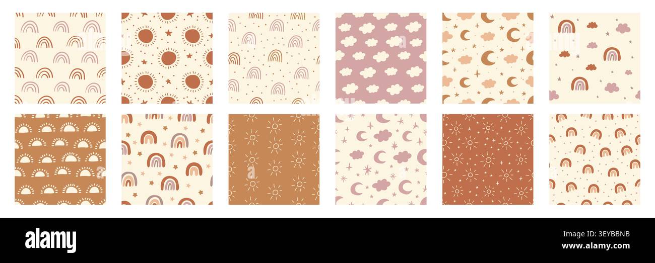 Collection Boho Seamless Patterns avec des arcs-en-ciel, des soleils, des nuages, des lunes et des étoiles dans des tons rose pastel, beige et terre cuite. Arrière-plans de pépinière mignons pour le tissu, le papier peint, le textile et le décor des enfants. Illustration de Vecteur