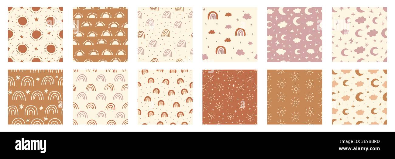 Collection de motifs célestes bohème sans couture avec des arcs-en-ciel, des soleils, des lunes, des nuages et des étoiles dans des couleurs rose, beige et terre cuite. Arrière-plans tendance de pépinière, de tissu, de textile et de papier d'emballage. Illustration de Vecteur