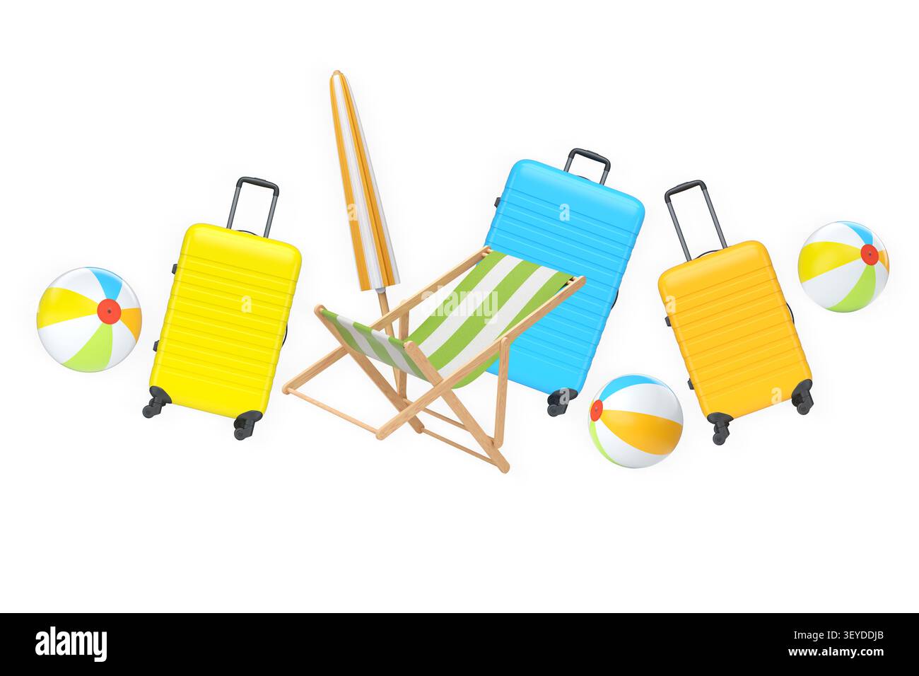 Ensemble de valises, parasol rayé, chaise de plage et balles de plage isolé sur fond blanc. Concept de plaisir de vacances d'été. Banque D'Images